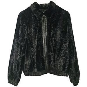 Alfred Dunner Vintage Retro Black Faux Fur Faux Leather Zip Up Collared Coat